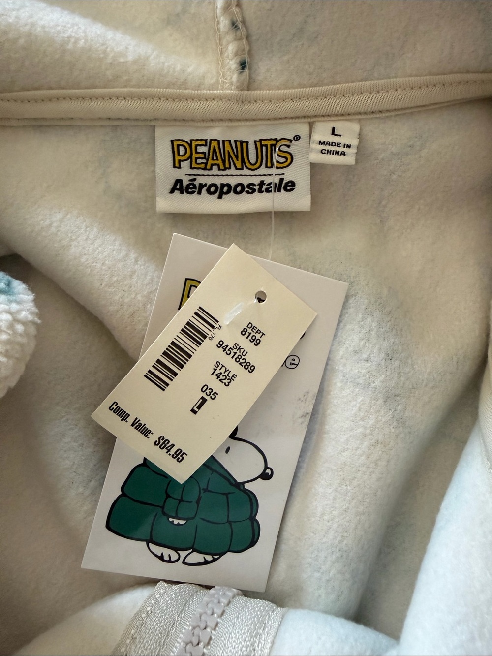 Aeropostale Cream Fleece Zip Hoodie with Teal Snoopy Print - Picture 5 of 5